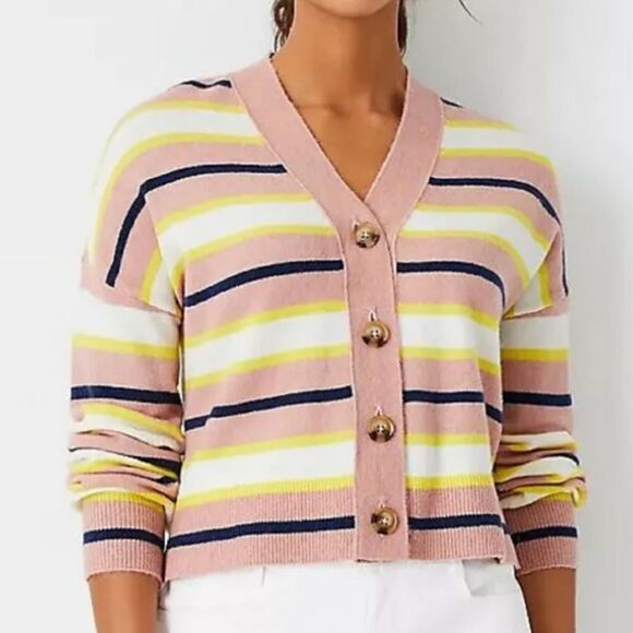 Ann Taylor Pink Navy Yellow Striped Knit Boyfriend Cardigan Sweater - Picture 2 of 16